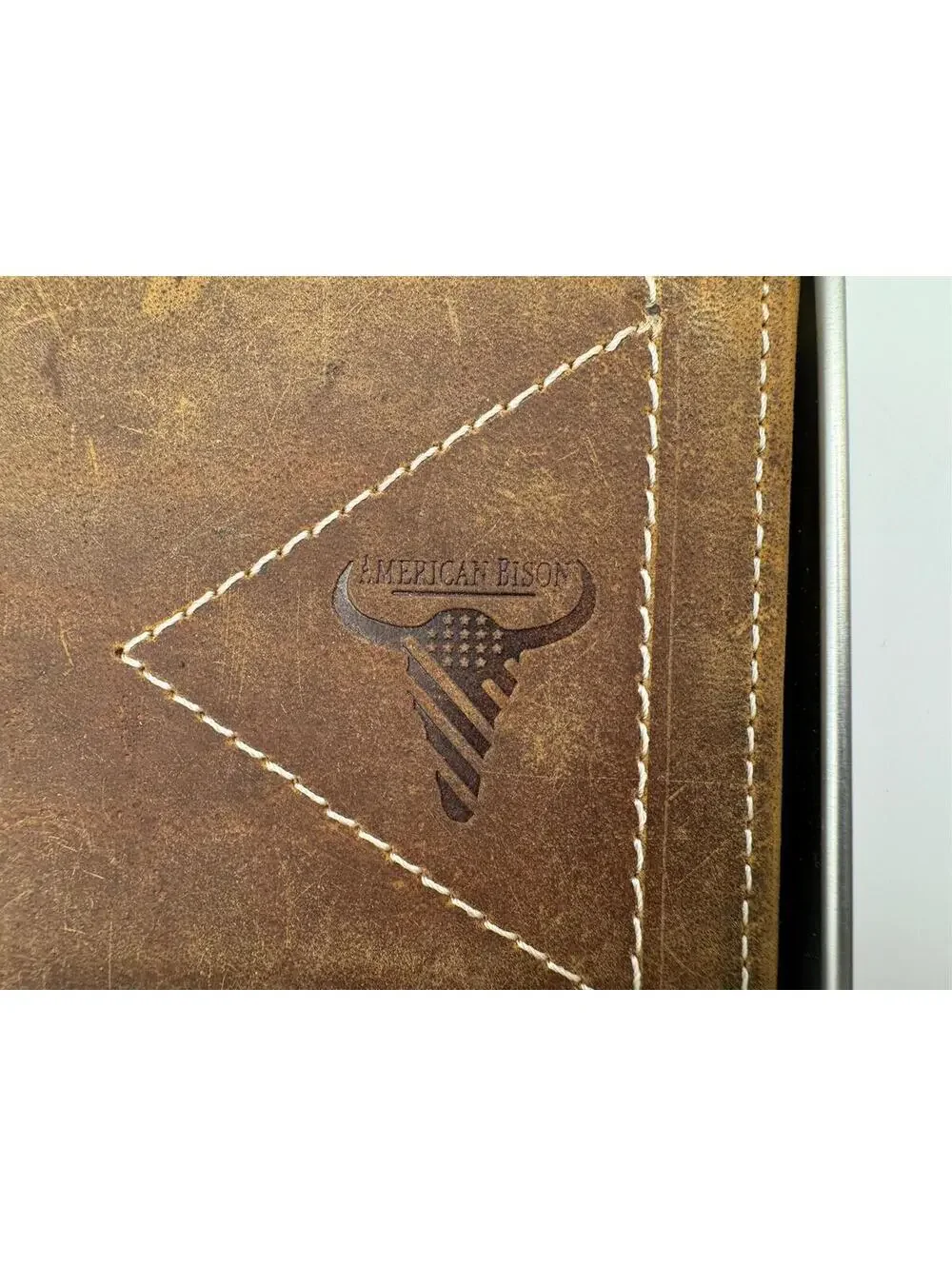 American Bison Brown Leather Bi-Fold Wallet with American Flag Logo